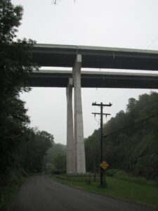 Looking up at the I-81 bridges over Hoxie Gorge Rd