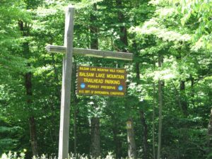 Balsam Lake Mountain Trailhead parking area sign