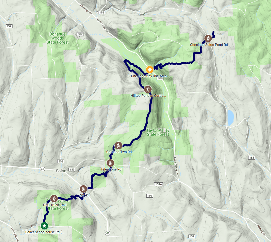 Baker School House Rd (M20) east to Cheningo Solon Pond Rd (M21)